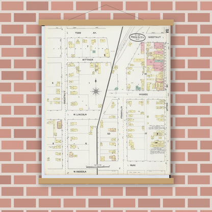 Old map wall art mockup — magnetic wood frame on brick wall — Sanborn Fire Insurance Map from Reed City, Osceola County, Michigan (1890), Sheet #0002
