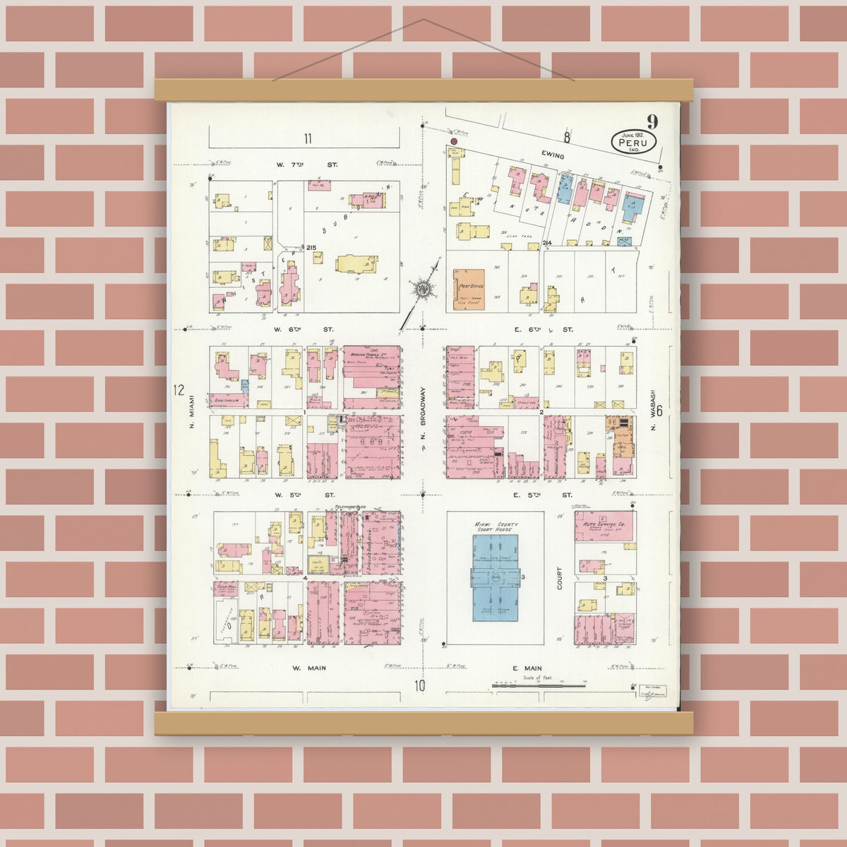 Old map wall art mockup — magnetic wood frame on brick wall — Sanborn Fire Insurance Map from Peru, Miami County, Indiana (1912), Sheet #0009