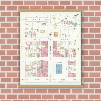 Old map wall art mockup — magnetic wood frame on brick wall — Sanborn Fire Insurance Map from Peru, Miami County, Indiana (1912), Sheet #0009
