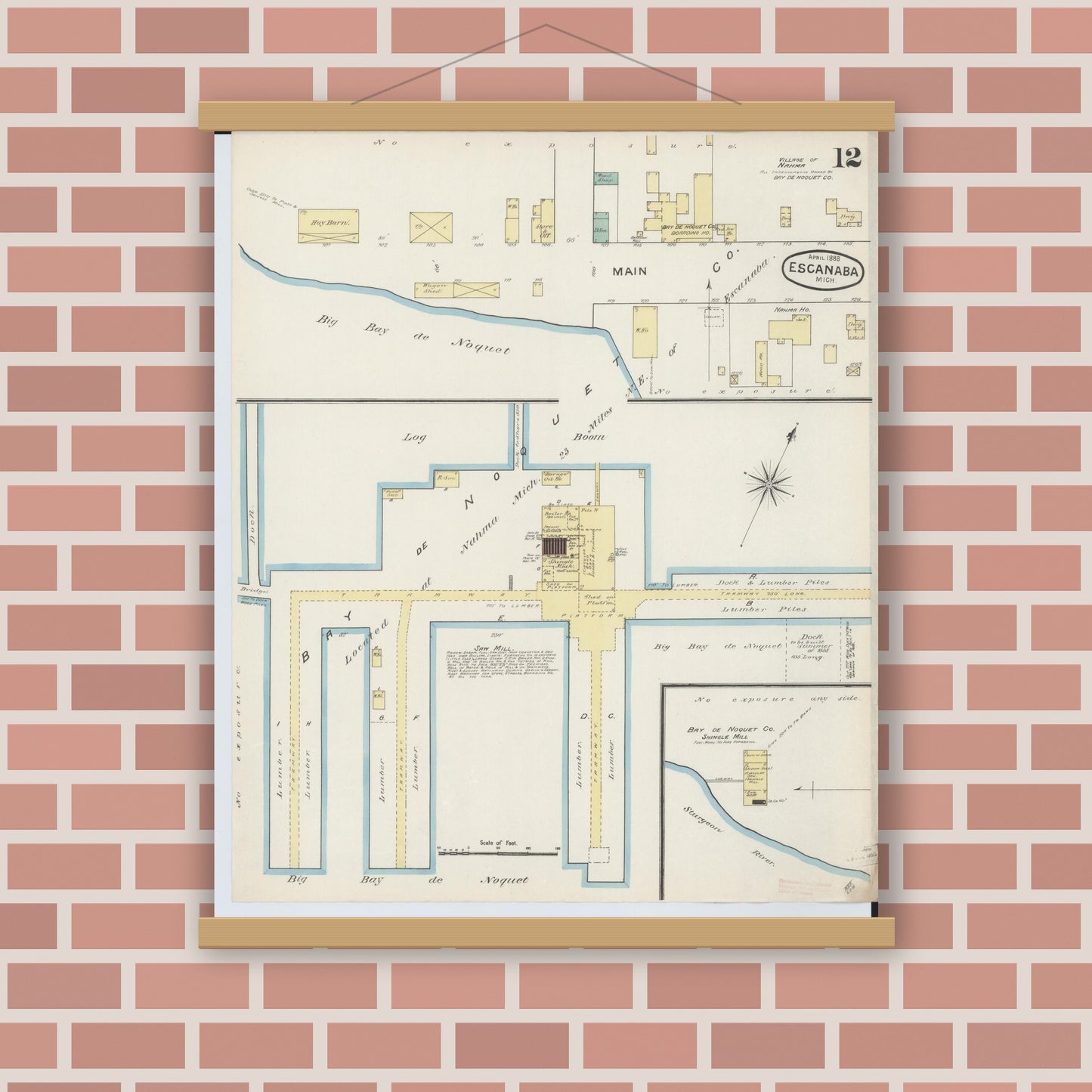 Old map wall art mockup — magnetic wood frame on brick wall — Sanborn Fire Insurance Map from Escanaba, Delta County, Michigan (1888), Sheet #0012