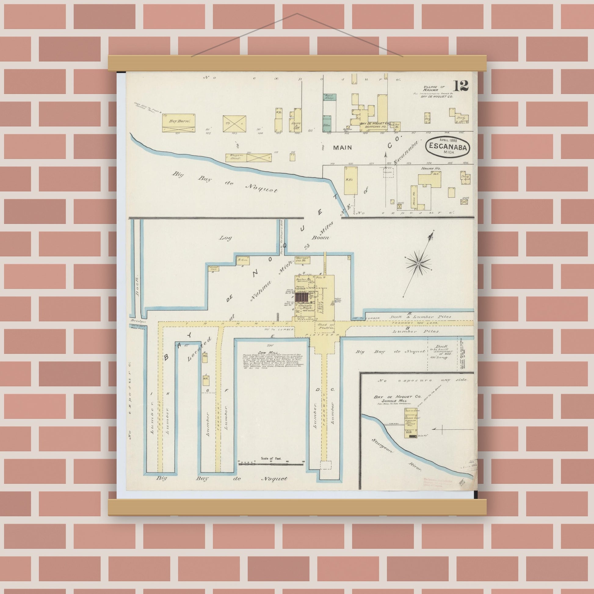 Old map wall art mockup — magnetic wood frame on brick wall — Sanborn Fire Insurance Map from Escanaba, Delta County, Michigan (1888), Sheet #0012