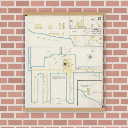 Old map wall art mockup — magnetic wood frame on brick wall — Sanborn Fire Insurance Map from Escanaba, Delta County, Michigan (1888), Sheet #0012