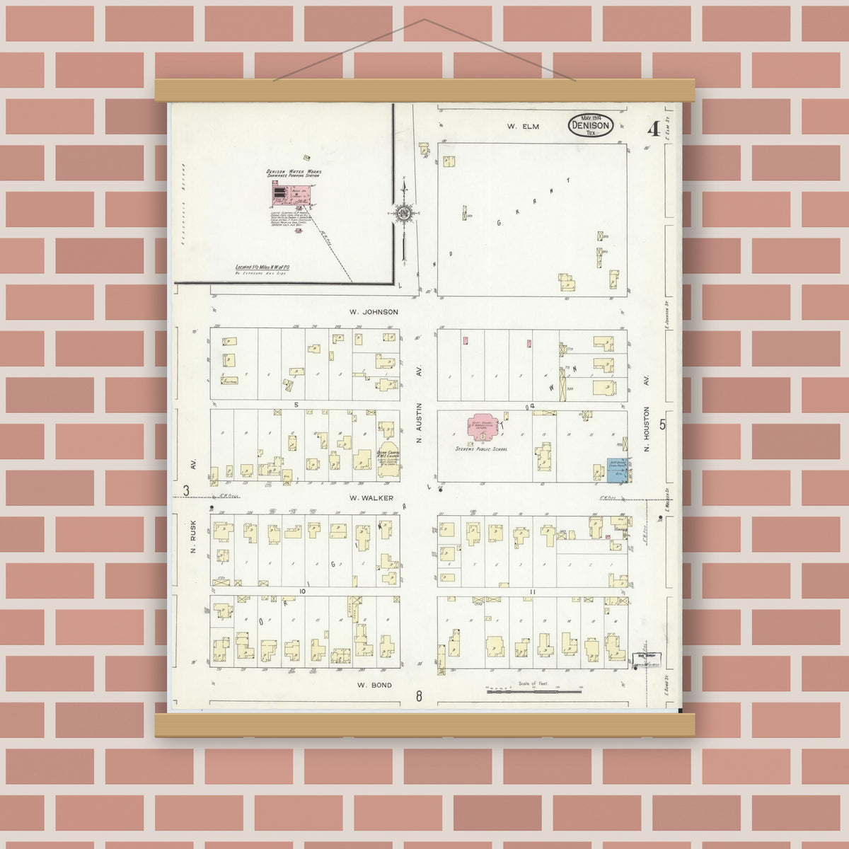 Old map wall art mockup — magnetic wood frame on brick wall — Sanborn Fire Insurance Map from Denison, Grayson County, Texas (1914), Sheet #0004