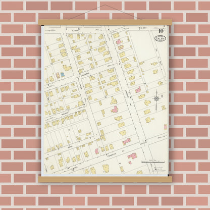 Old map wall art mockup — magnetic wood frame on brick wall — Sanborn Fire Insurance Map from Salem, Columbiana County, Ohio (1915), Sheet #0010
