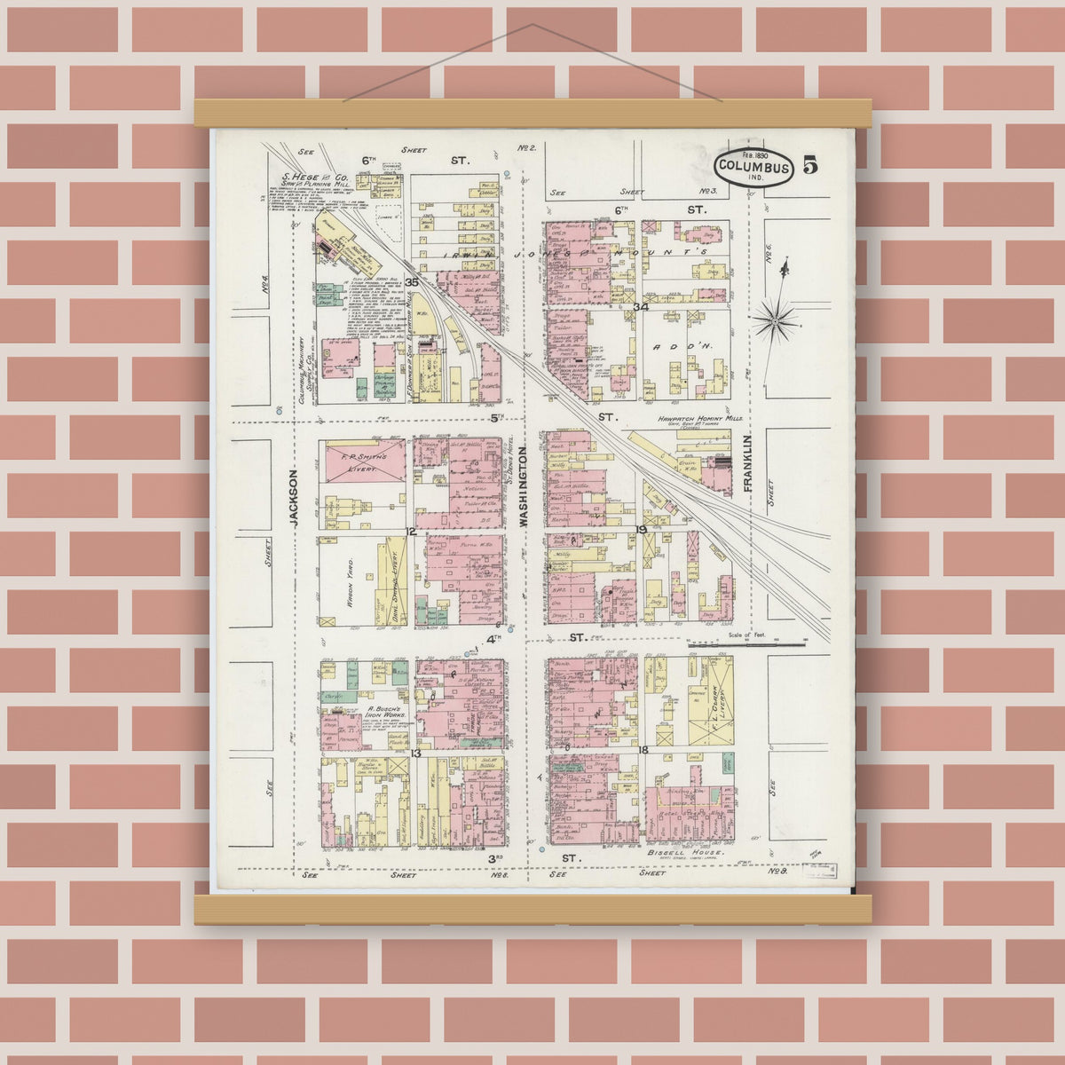 Old map wall art mockup — magnetic wood frame on brick wall — Sanborn Fire Insurance Map from Columbus, Bartholomew County, Indiana (1890), Sheet #0005