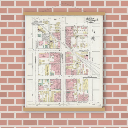Old map wall art mockup — magnetic wood frame on brick wall — Sanborn Fire Insurance Map from Columbus, Bartholomew County, Indiana (1890), Sheet #0005