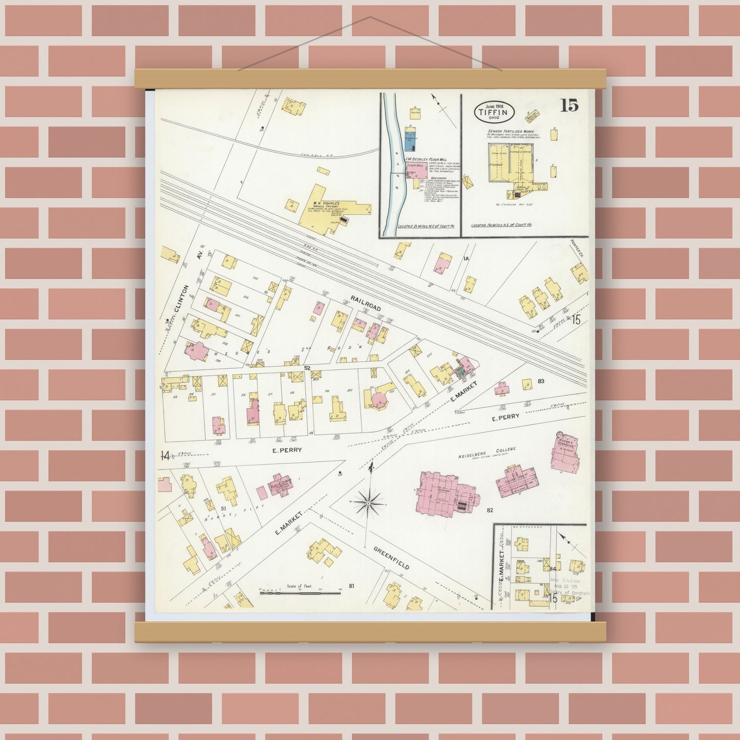 Old map wall art mockup — magnetic wood frame on brick wall — Sanborn Fire Insurance Map from Tiffin, Seneca County, Ohio (1908), Sheet #0015
