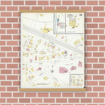 Old map wall art mockup — magnetic wood frame on brick wall — Sanborn Fire Insurance Map from Tiffin, Seneca County, Ohio (1908), Sheet #0015