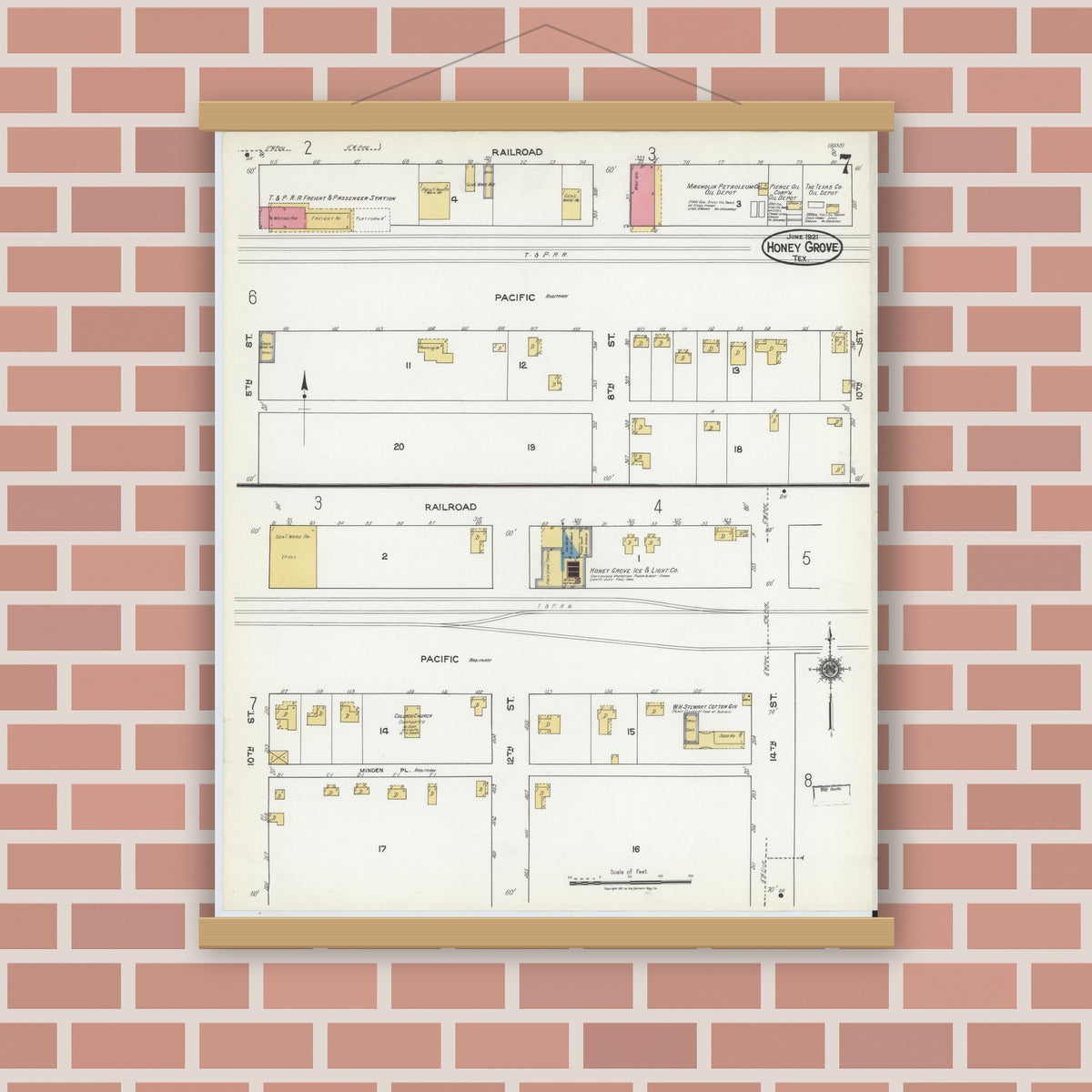 Old map wall art mockup — magnetic wood frame on brick wall — Sanborn Fire Insurance Map from Honey Grove, Fannin County, Texas (1921), Sheet #0007
