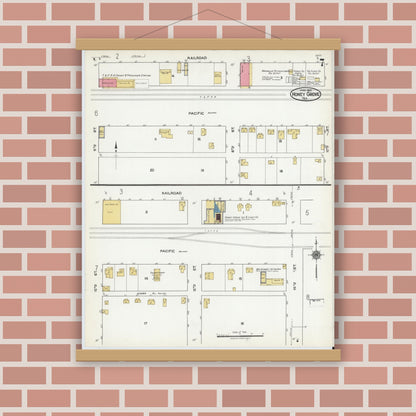 Old map wall art mockup — magnetic wood frame on brick wall — Sanborn Fire Insurance Map from Honey Grove, Fannin County, Texas (1921), Sheet #0007