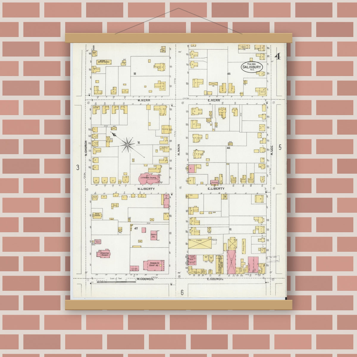Old map wall art mockup — magnetic wood frame on brick wall — Sanborn Fire Insurance Map from Salisbury, Rowan County, North Carolina (1902), Sheet #0004
