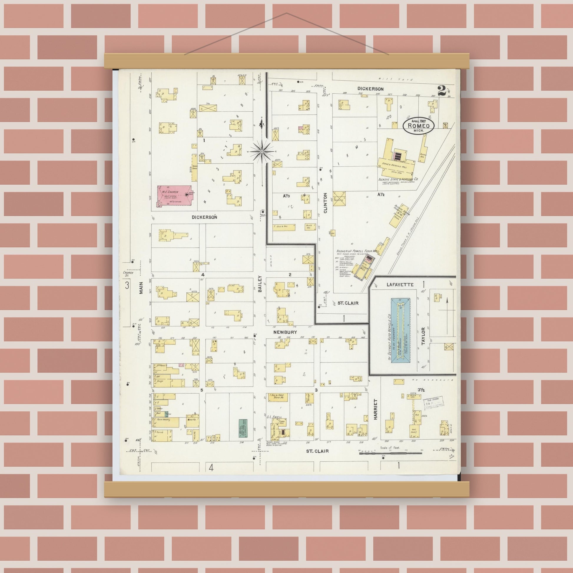 Old map wall art mockup — magnetic wood frame on brick wall — Sanborn Fire Insurance Map from Romeo, Macomb County, Michigan (1907), Sheet #0002