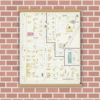 Old map wall art mockup — magnetic wood frame on brick wall — Sanborn Fire Insurance Map from Romeo, Macomb County, Michigan (1907), Sheet #0002