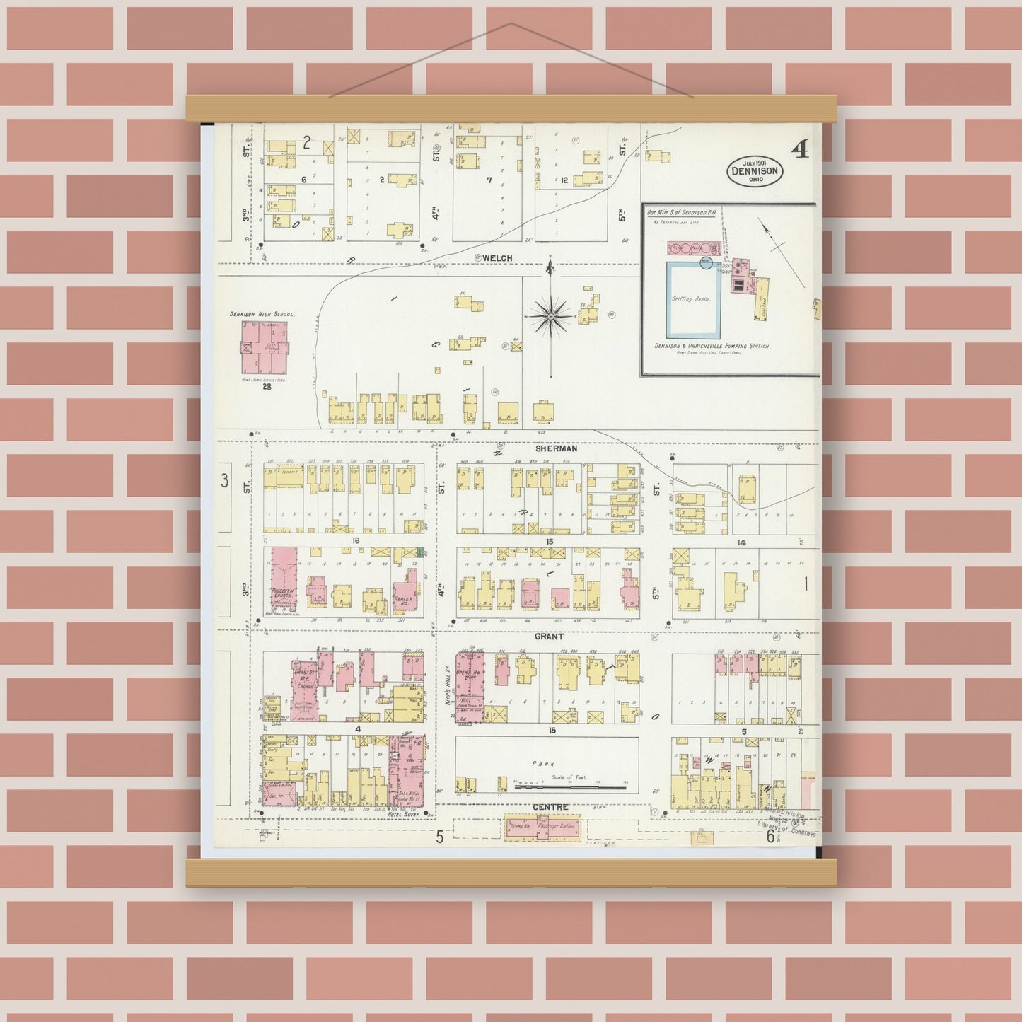Old map wall art mockup — magnetic wood frame on brick wall — Sanborn Fire Insurance Map from Dennison, Tuscarawas County, Ohio (1901), Sheet #0004