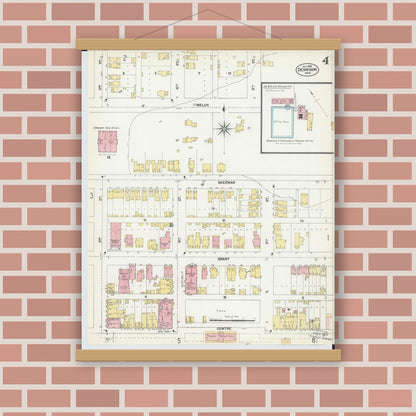 Old map wall art mockup — magnetic wood frame on brick wall — Sanborn Fire Insurance Map from Dennison, Tuscarawas County, Ohio (1901), Sheet #0004