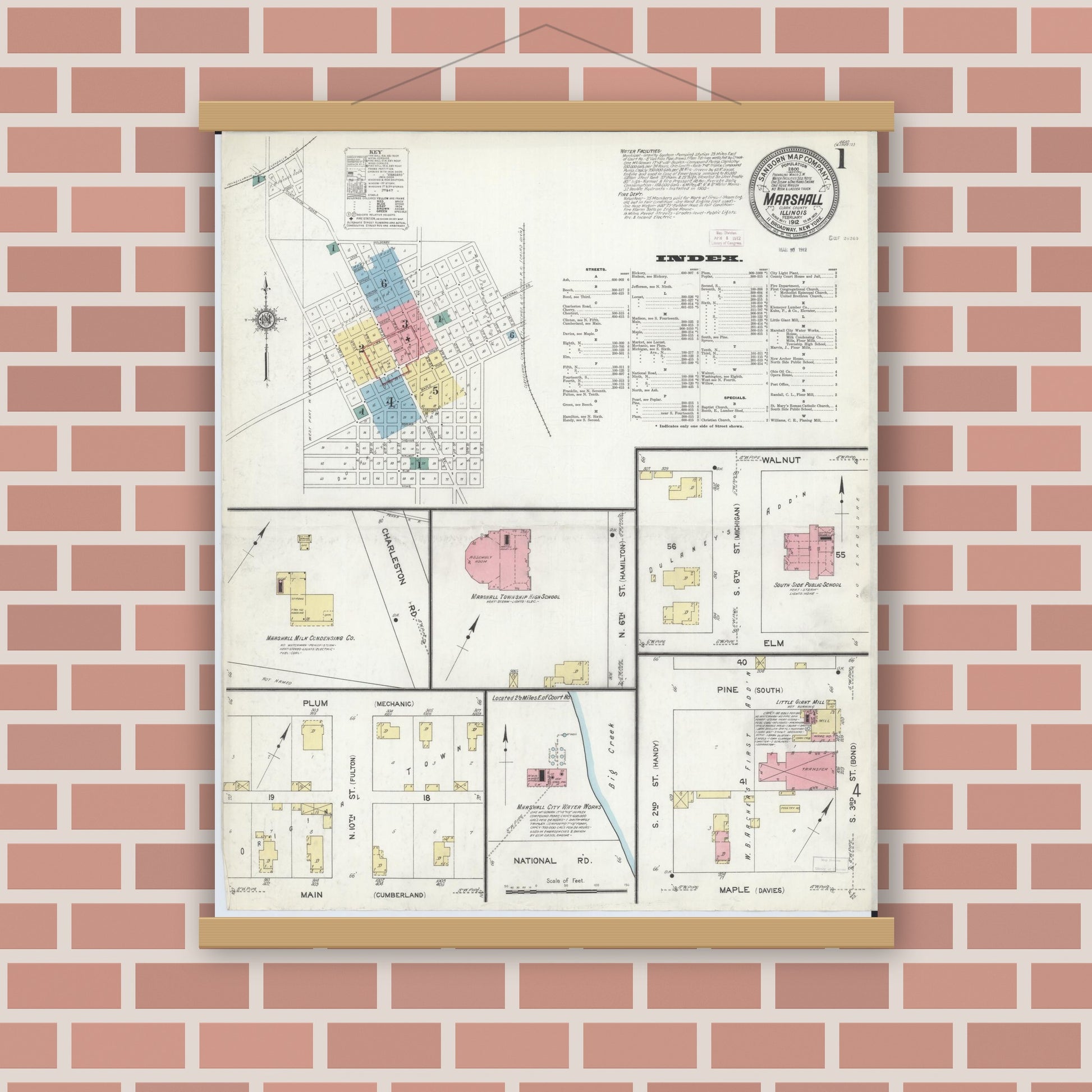 Old map wall art mockup — magnetic wood frame on brick wall — Sanborn Fire Insurance Map from Marshall, Clark County, Illinois (1912), Sheet #0001