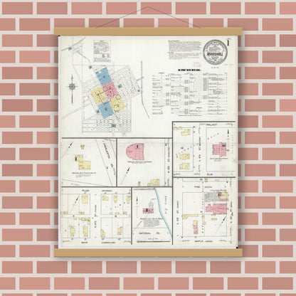 Old map wall art mockup — magnetic wood frame on brick wall — Sanborn Fire Insurance Map from Marshall, Clark County, Illinois (1912), Sheet #0001