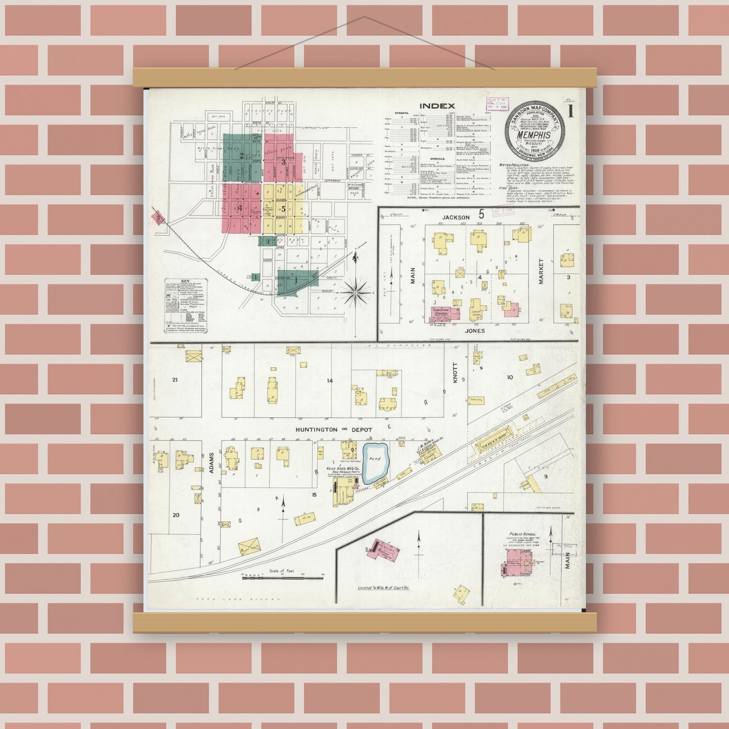 Old map wall art mockup — magnetic wood frame on brick wall — Sanborn Fire Insurance Map from Memphis, Scotland County, Missouri (1909) - Complete Map Set