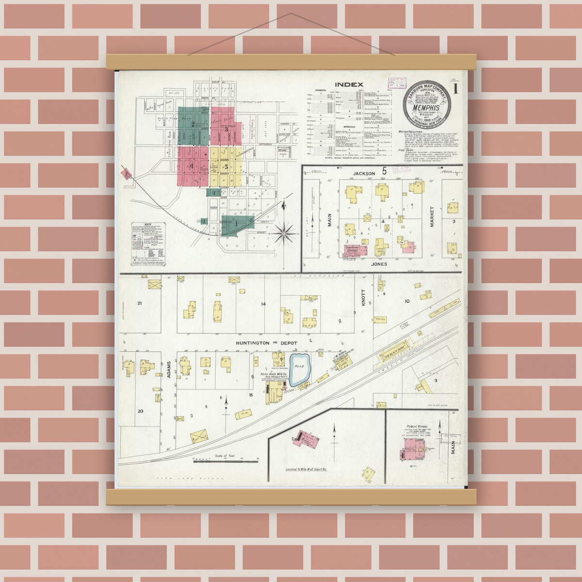 Old map wall art mockup — magnetic wood frame on brick wall — Sanborn Fire Insurance Map from Memphis, Scotland County, Missouri (1909) - Complete Map Set