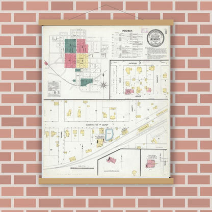 Old map wall art mockup — magnetic wood frame on brick wall — Sanborn Fire Insurance Map from Memphis, Scotland County, Missouri (1909) - Complete Map Set