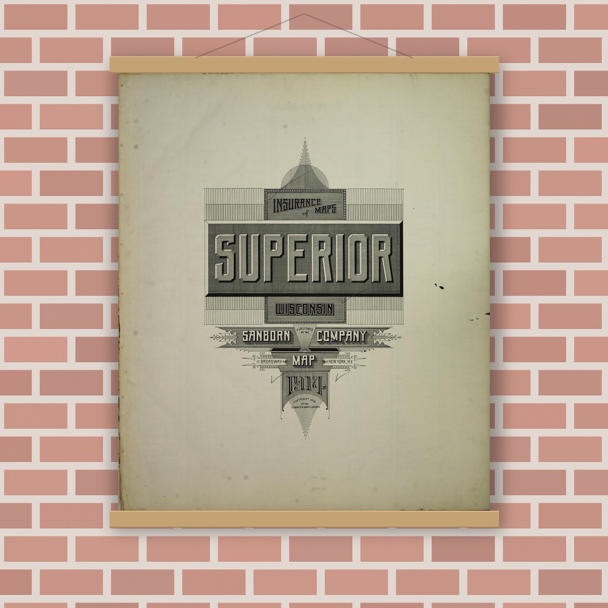 Old map wall art mockup — magnetic wood frame on brick wall — Sanborn Fire Insurance Map from Superior, Douglas County, Wisconsin (1914), Sheet #0001