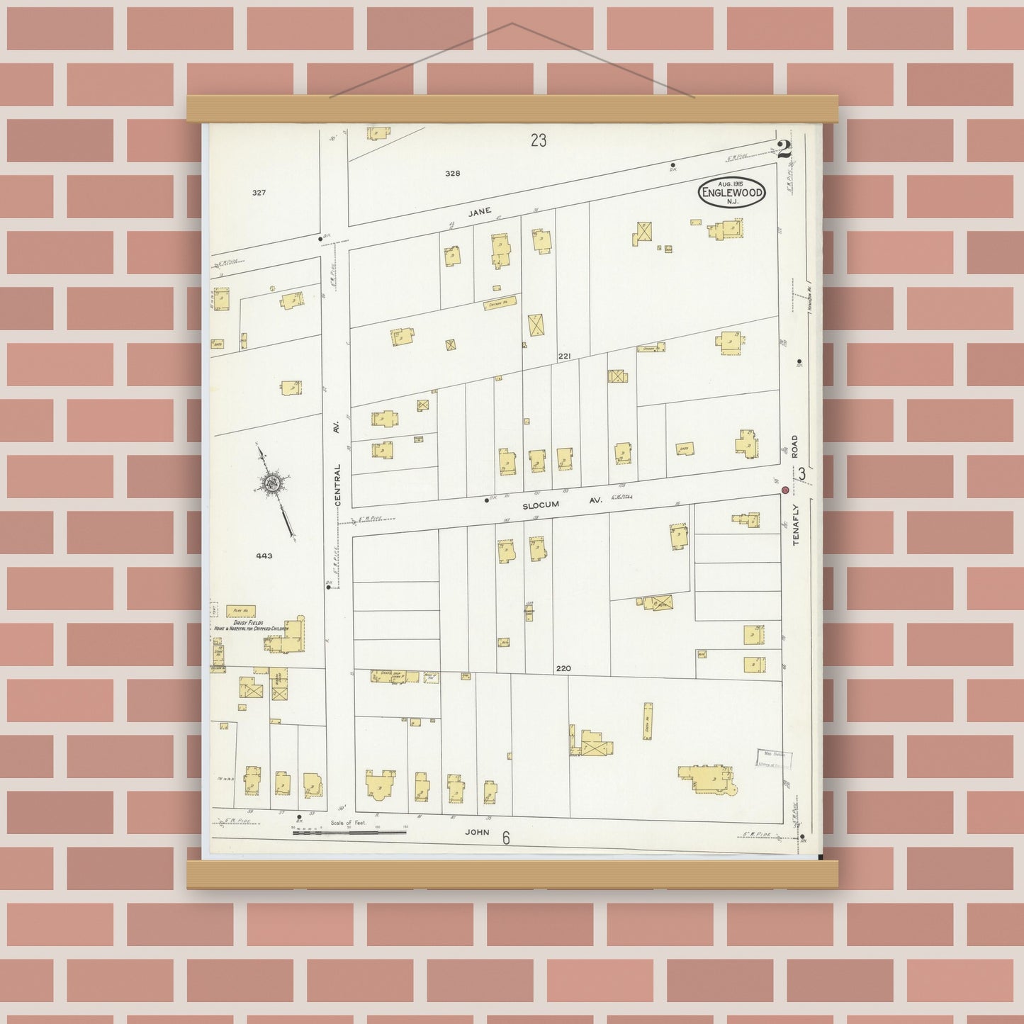 Old map wall art mockup — magnetic wood frame on brick wall — Sanborn Fire Insurance Map from Englewood, Bergen County, New Jersey (1915) - Complete Map Set