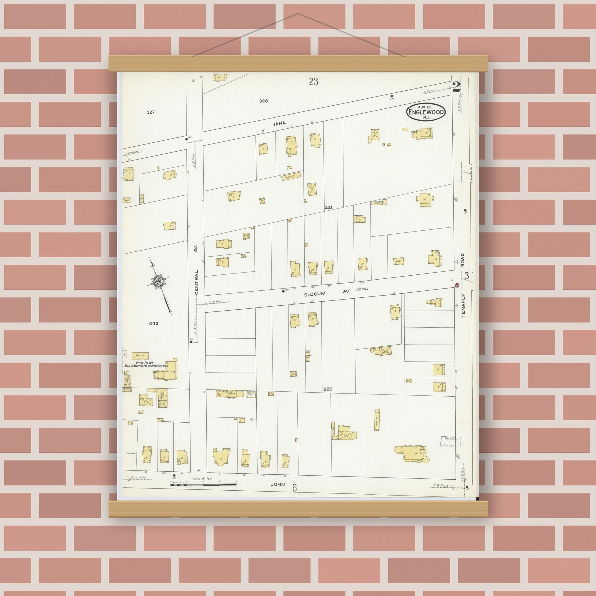 Old map wall art mockup — magnetic wood frame on brick wall — Sanborn Fire Insurance Map from Englewood, Bergen County, New Jersey (1915) - Complete Map Set