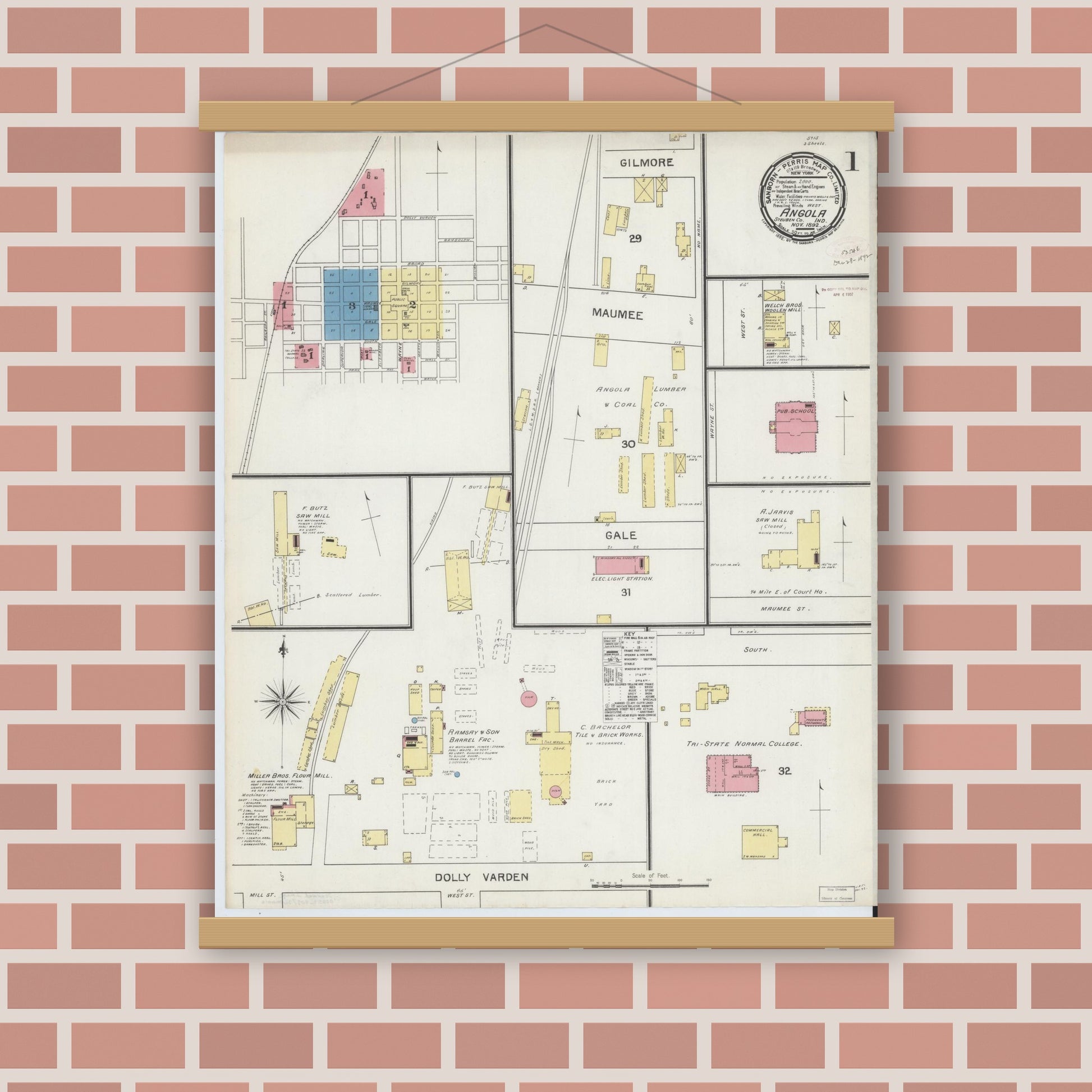 Old map wall art mockup — magnetic wood frame on brick wall — Sanborn Fire Insurance Map from Angola, Steuben County, Indiana (1892) - Complete Map Set