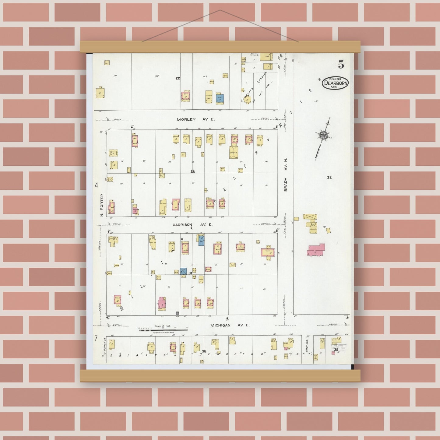 Old map wall art mockup — magnetic wood frame on brick wall — Sanborn Fire Insurance Map from Dearborn, Wayne County, Michigan (1919), Sheet #0005