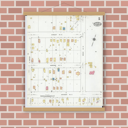 Old map wall art mockup — magnetic wood frame on brick wall — Sanborn Fire Insurance Map from Dearborn, Wayne County, Michigan (1919), Sheet #0005