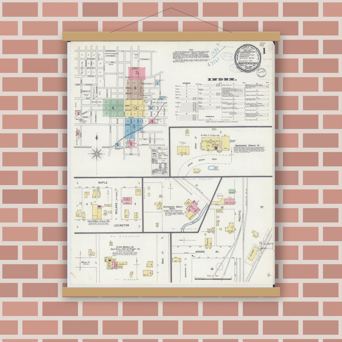 Old map wall art mockup — magnetic wood frame on brick wall — Sanborn Fire Insurance Map from Independence, Jackson County, Missouri (1898), Sheet #0001
