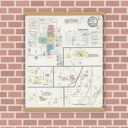 Old map wall art mockup — magnetic wood frame on brick wall — Sanborn Fire Insurance Map from Independence, Jackson County, Missouri (1898), Sheet #0001
