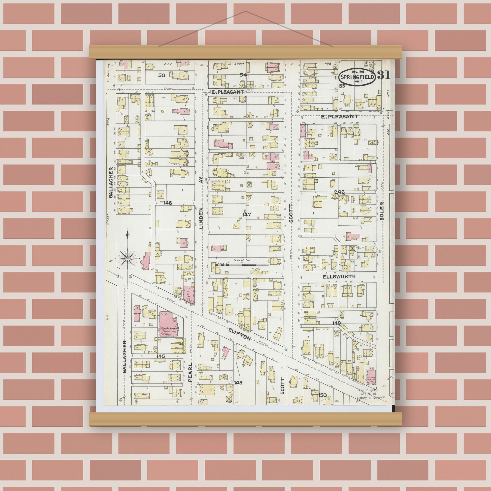 Old map wall art mockup — magnetic wood frame on brick wall — Sanborn Fire Insurance Map from Springfield, Clark County, Ohio (1891), Sheet #0031