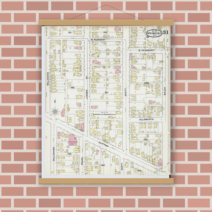 Old map wall art mockup — magnetic wood frame on brick wall — Sanborn Fire Insurance Map from Springfield, Clark County, Ohio (1891), Sheet #0031