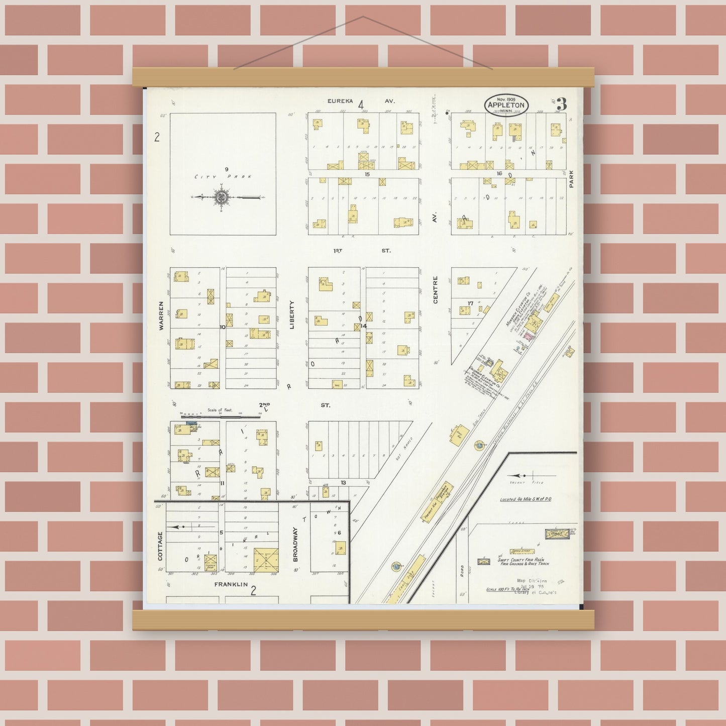 Old map wall art mockup — magnetic wood frame on brick wall — Sanborn Fire Insurance Map from Appleton, Swift County, Minnesota (1909), Sheet #0003