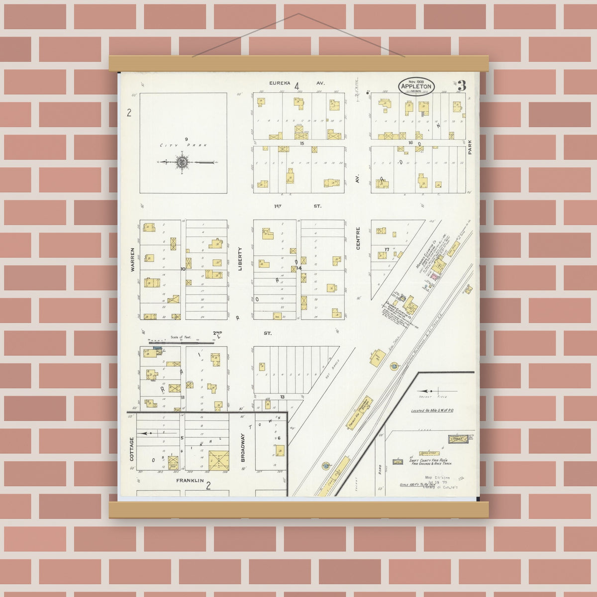 Old map wall art mockup — magnetic wood frame on brick wall — Sanborn Fire Insurance Map from Appleton, Swift County, Minnesota (1909), Sheet #0003