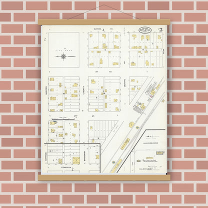 Old map wall art mockup — magnetic wood frame on brick wall — Sanborn Fire Insurance Map from Appleton, Swift County, Minnesota (1909), Sheet #0003