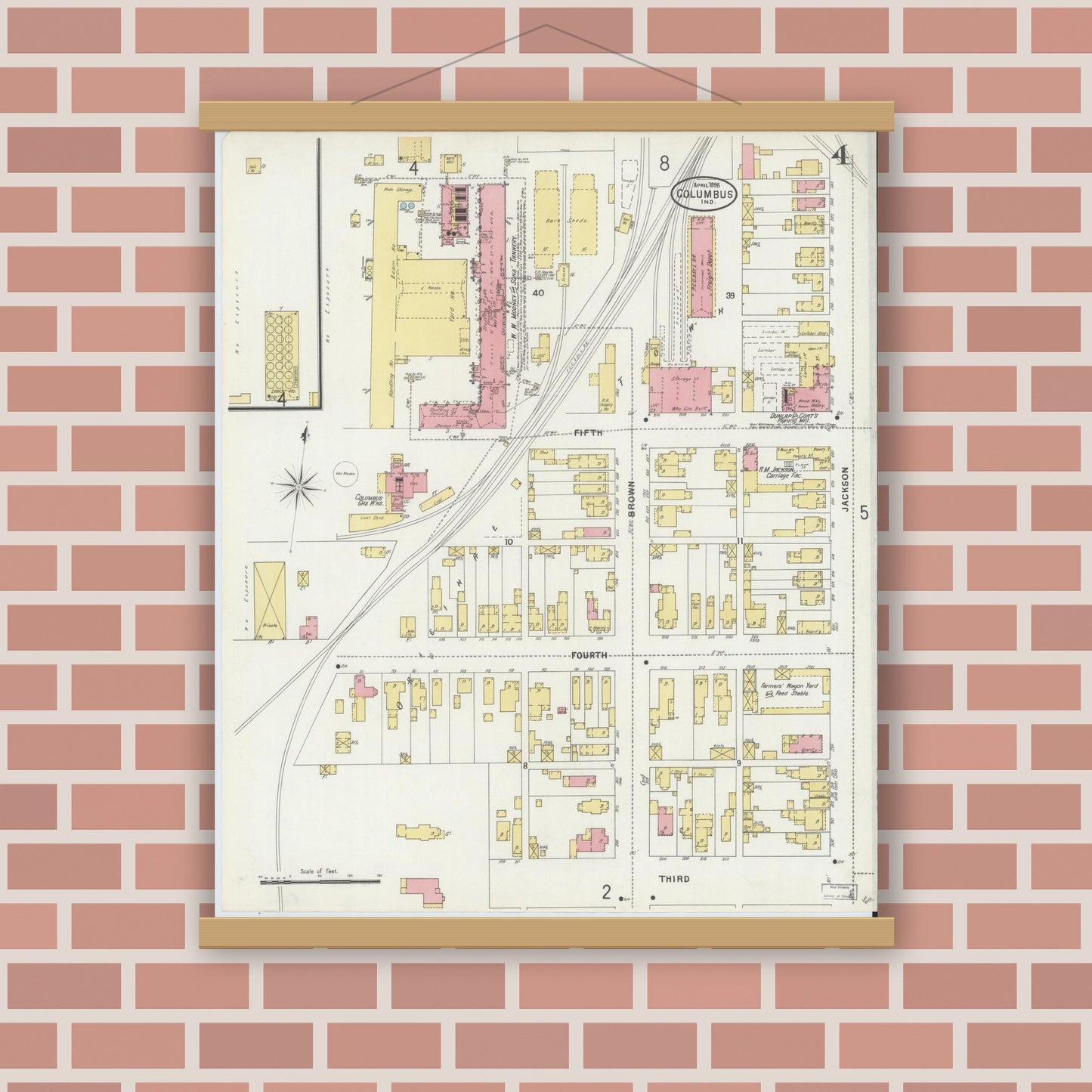 Old map wall art mockup — magnetic wood frame on brick wall — Sanborn Fire Insurance Map from Columbus, Bartholomew County, Indiana (1898), Sheet #0004
