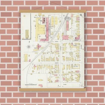 Old map wall art mockup — magnetic wood frame on brick wall — Sanborn Fire Insurance Map from Columbus, Bartholomew County, Indiana (1898), Sheet #0004