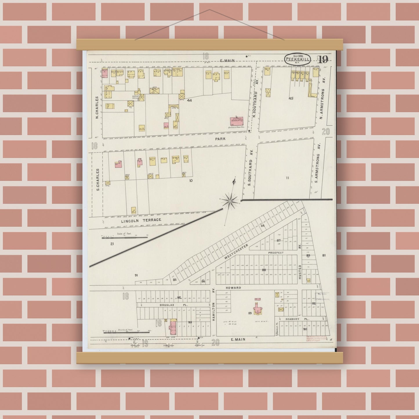 Old map wall art mockup — magnetic wood frame on brick wall — Sanborn Fire Insurance Map from Peekskill, Westchester County, New York (1895), Sheet #0019