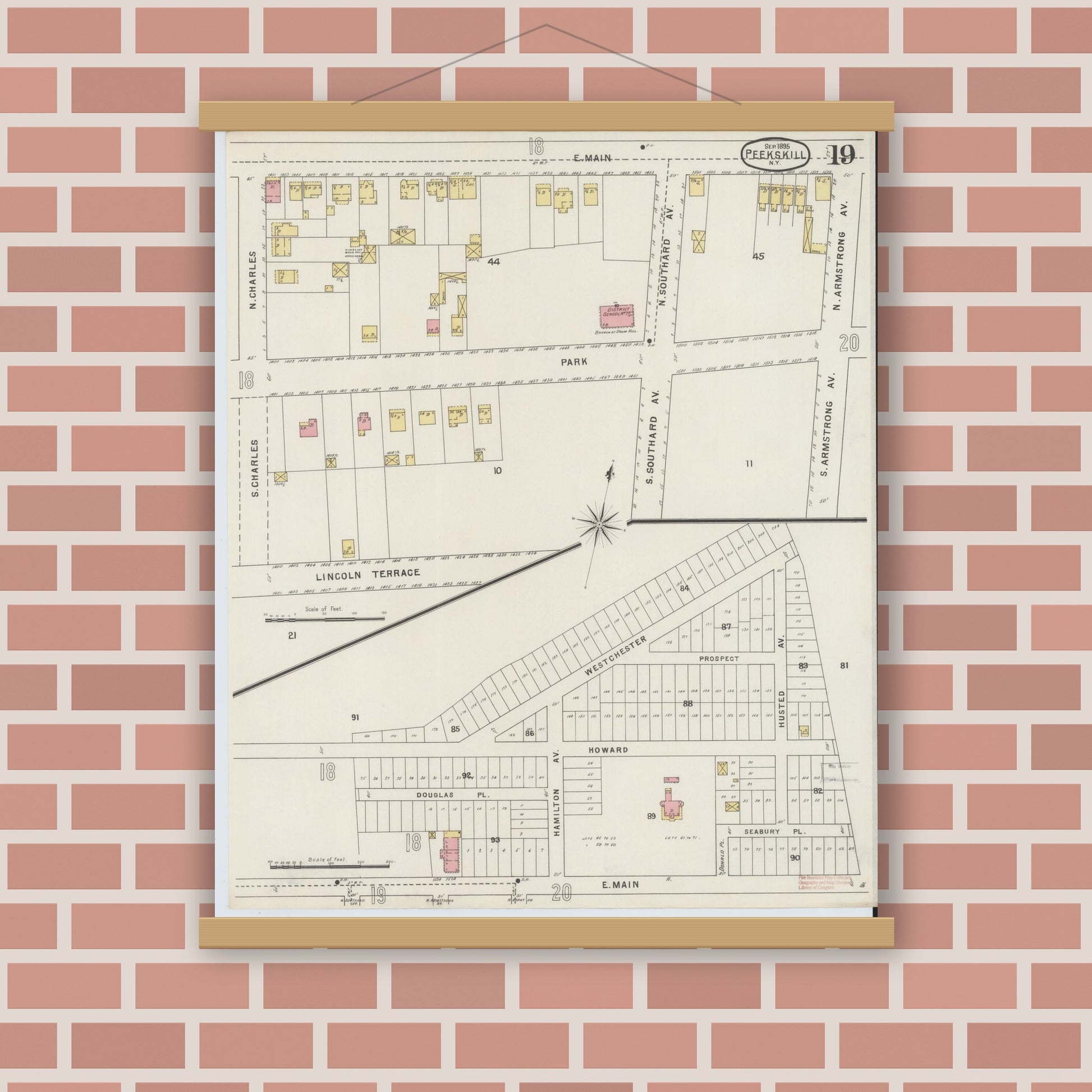 Old map wall art mockup — magnetic wood frame on brick wall — Sanborn Fire Insurance Map from Peekskill, Westchester County, New York (1895), Sheet #0019