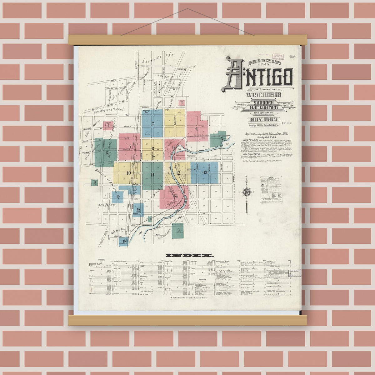 Old map wall art mockup — magnetic wood frame on brick wall — Sanborn Fire Insurance Map from Antigo, Langlade County, Wisconsin (1909), Sheet #0001