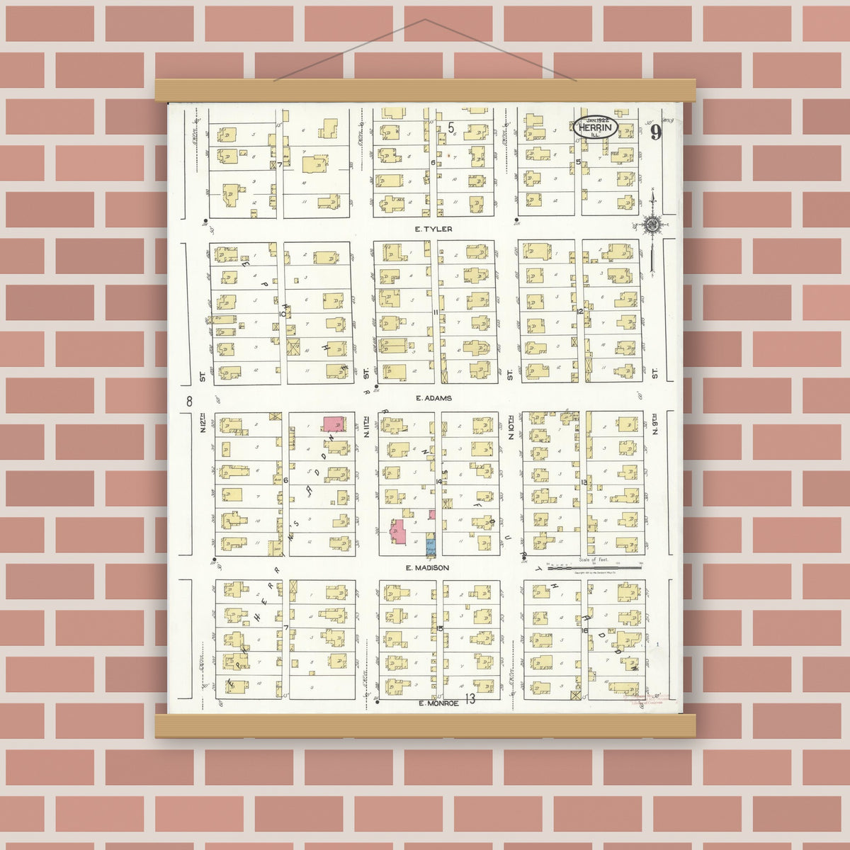 Old map wall art mockup — magnetic wood frame on brick wall — Sanborn Fire Insurance Map from Herrin, Williamson County, Illinois (1922), Sheet #0009