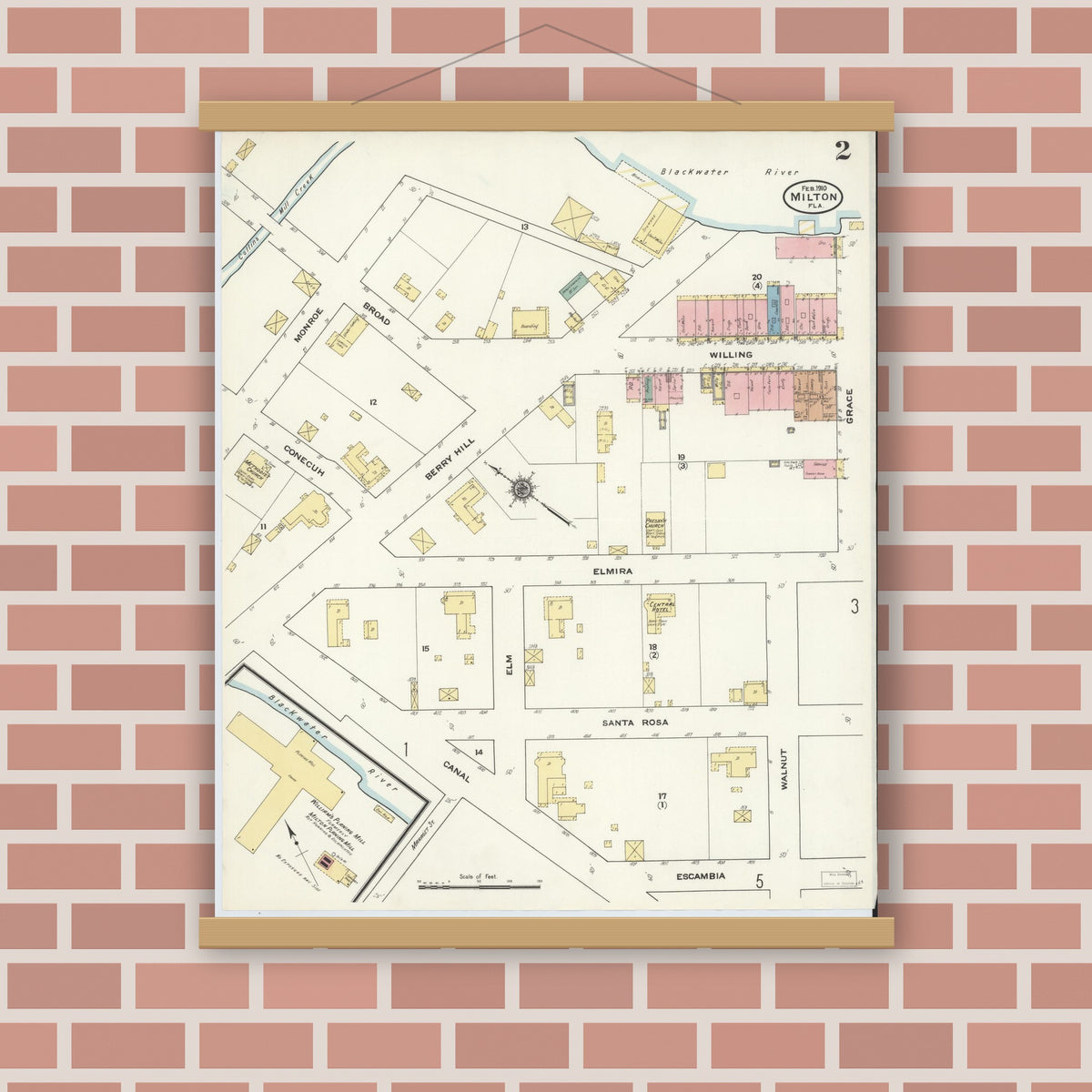 Old map wall art mockup — magnetic wood frame on brick wall — Sanborn Fire Insurance Map from Milton, Santa Rosa County, Florida (1910), Sheet #0002