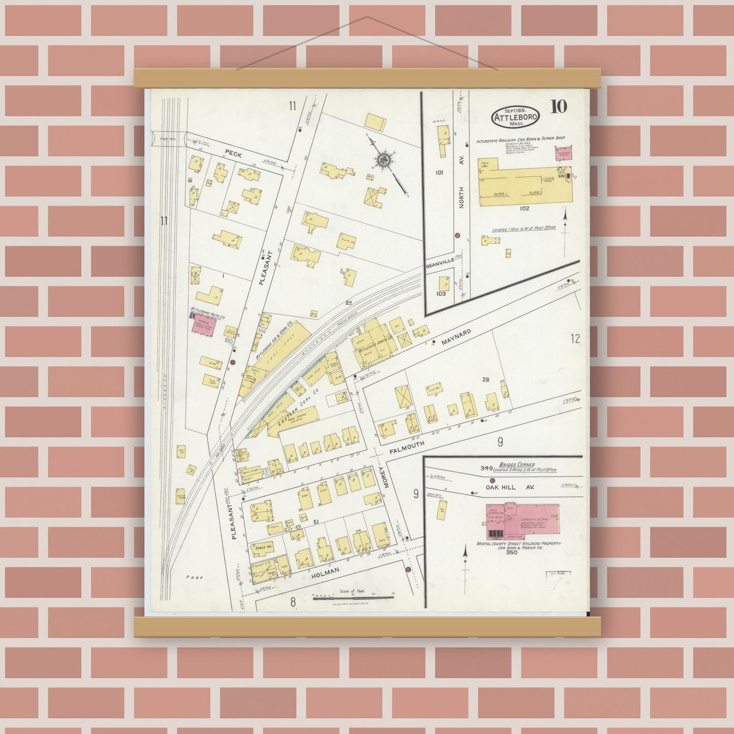 Old map wall art mockup — magnetic wood frame on brick wall — Sanborn Fire Insurance Map from Attleboro, Bristol County, Massachusetts (1916), Sheet #0010