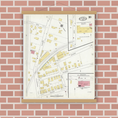 Old map wall art mockup — magnetic wood frame on brick wall — Sanborn Fire Insurance Map from Attleboro, Bristol County, Massachusetts (1916), Sheet #0010