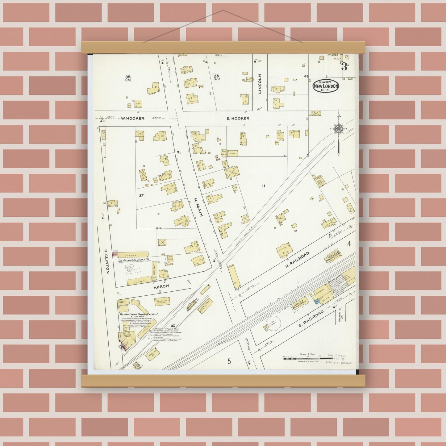 Old map wall art mockup — magnetic wood frame on brick wall — Sanborn Fire Insurance Map from New London, Huron County, Ohio (1921), Sheet #0003