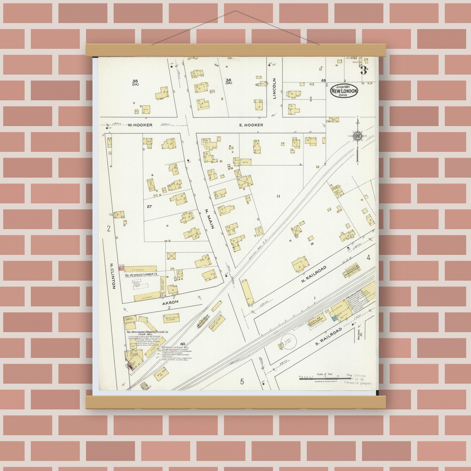 Old map wall art mockup — magnetic wood frame on brick wall — Sanborn Fire Insurance Map from New London, Huron County, Ohio (1921), Sheet #0003