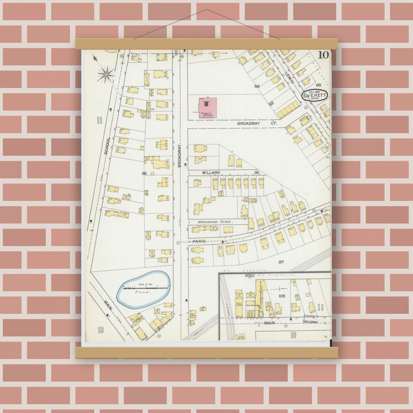 Old map wall art mockup — magnetic wood frame on brick wall — Sanborn Fire Insurance Map from Everett, Middlesex County, Massachusetts (1892), Sheet #0010