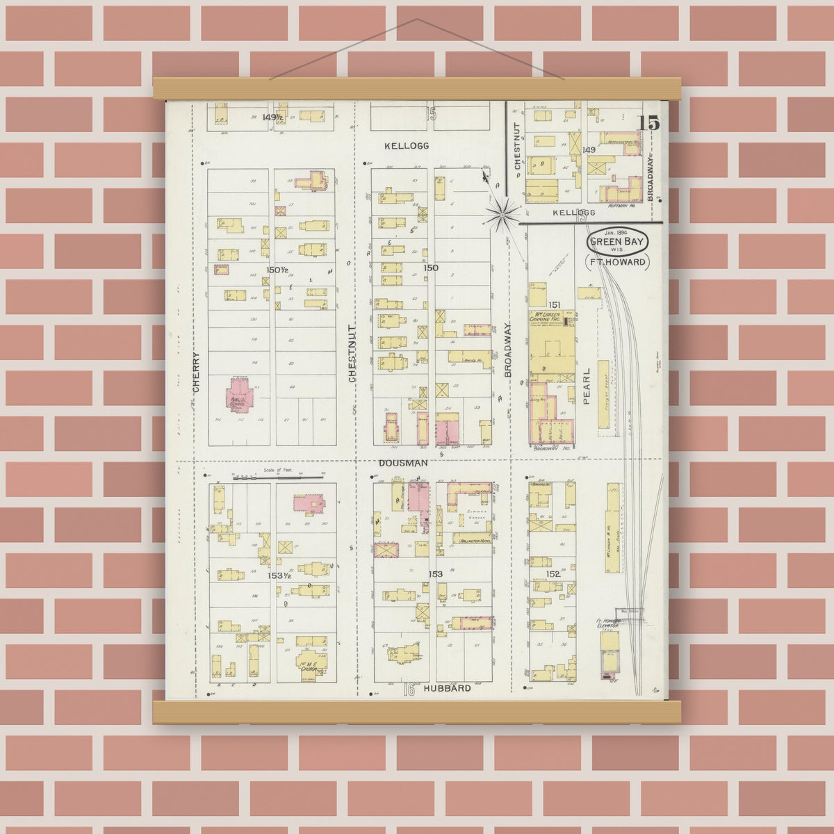 Old map wall art mockup — magnetic wood frame on brick wall — Sanborn Fire Insurance Map from Green Bay, Brown County, Wisconsin (1894), Sheet #0015